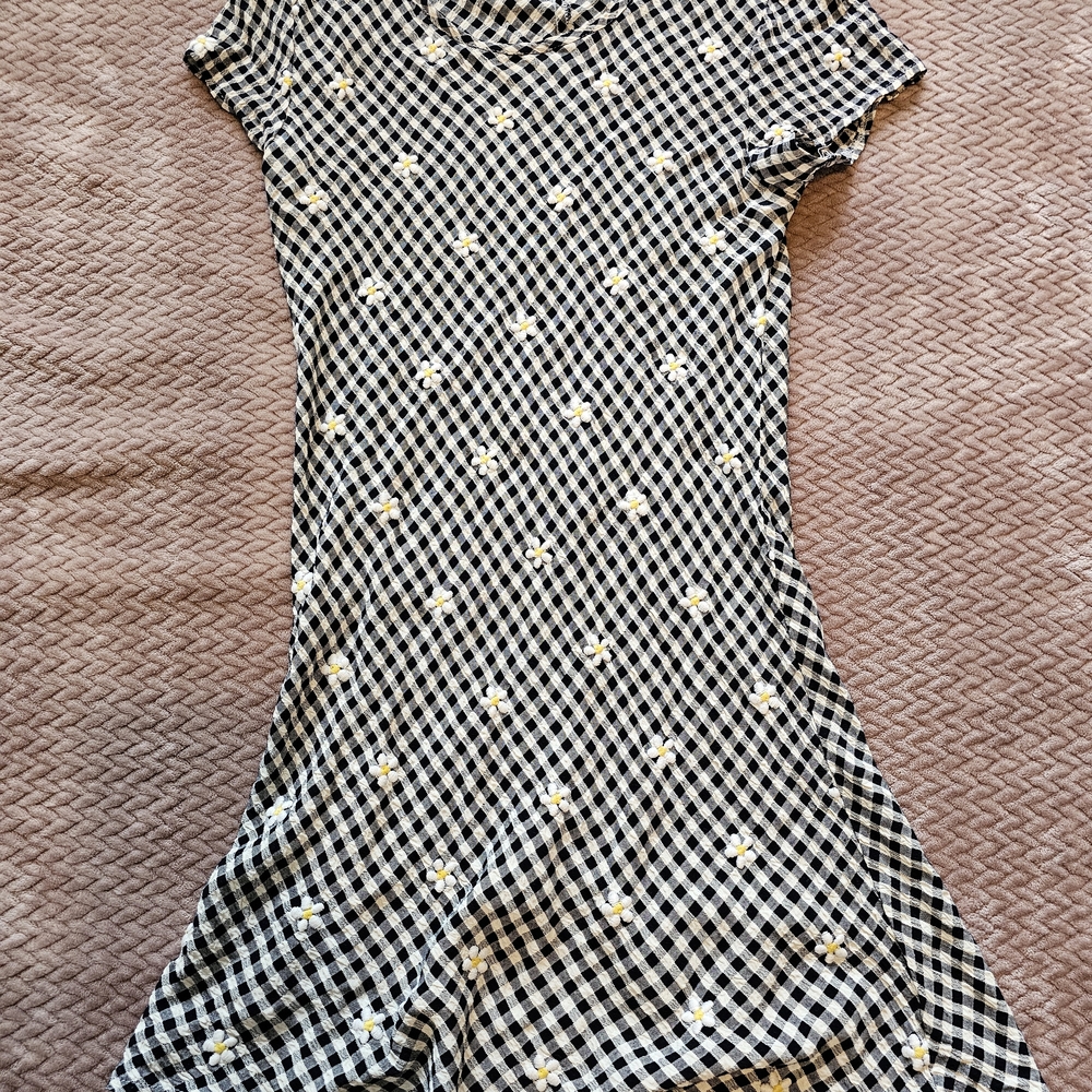 Paris Sport Club Mini Dress Black and White Checkered with Yellow Daisies Small
